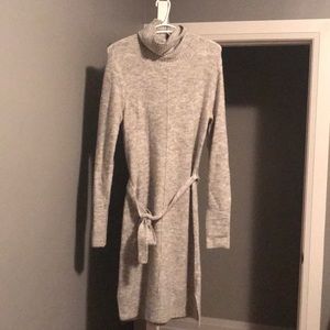 Grey knit sweater dress with tie waist